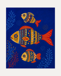 Three Folk Fish unframed folk fish art print showing three patterned folk fish on royal blue
