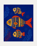 Three Folk Fish unframed folk fish art print showing three patterned folk fish on royal blue
