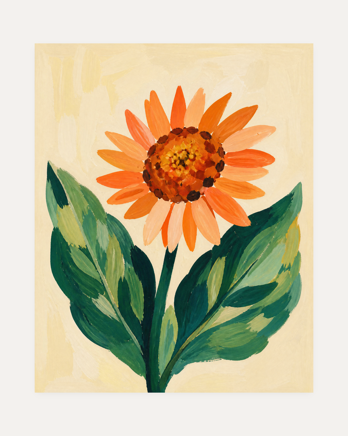 Sunflower Wings sunflower wall art, orange petals, yellow center, green leaves on a cream field