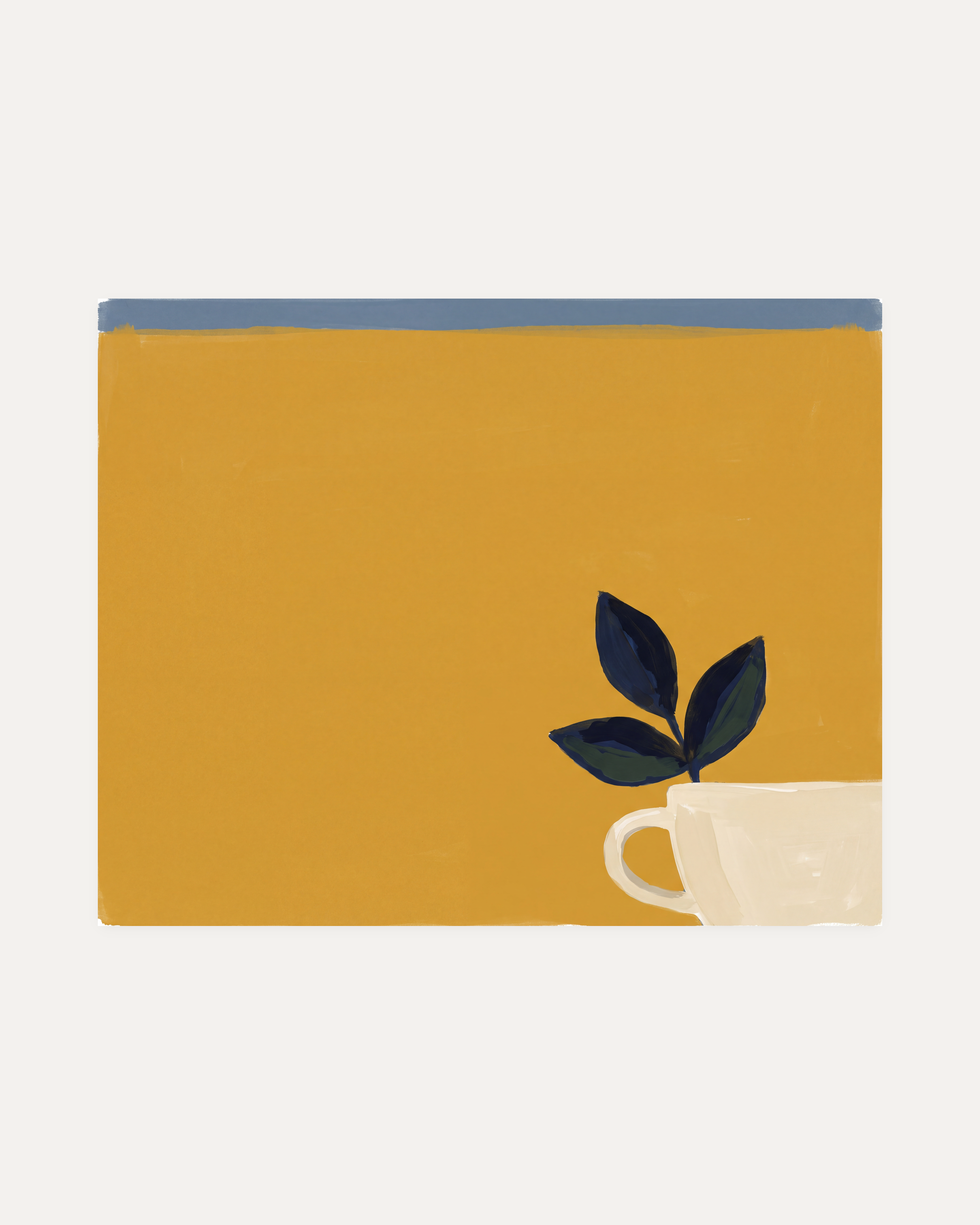 Mustard Leaf Pot unframed mustard yellow botanical wall art print showing cup and leaves in yellow, blue, and white