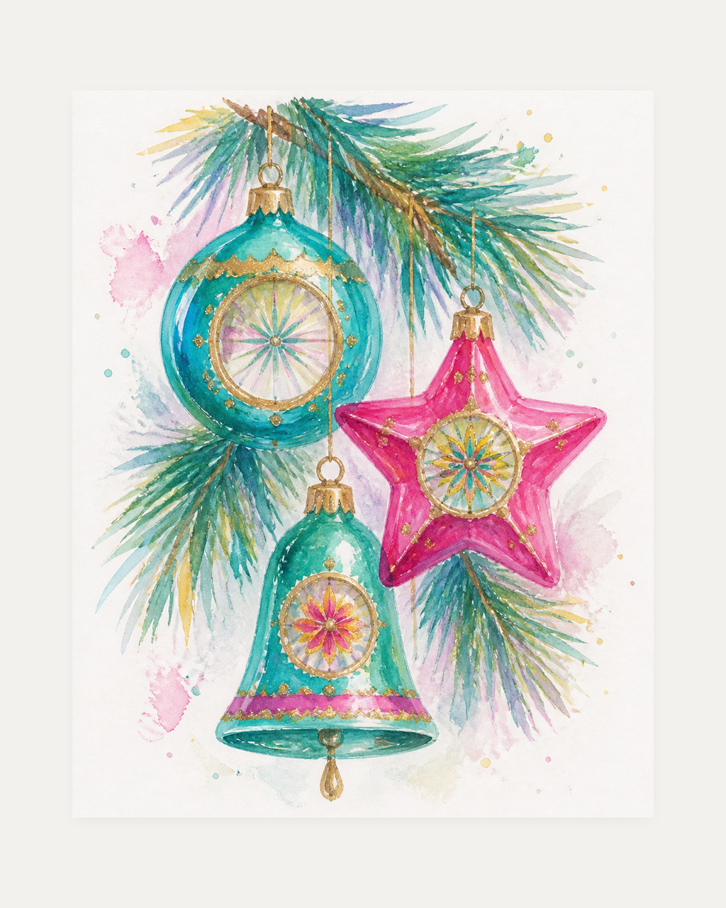 Holiday Trio unframed vintage ornament print showing a teal bell and a pink star ornament
