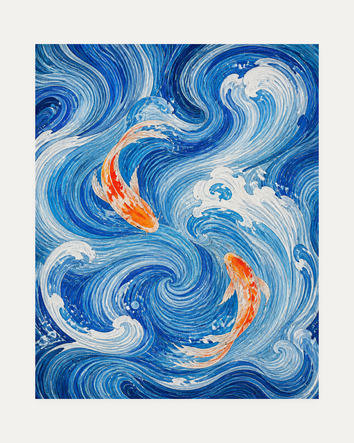 Turning Koi unframed koi wall art print showing two orange koi in blue waves