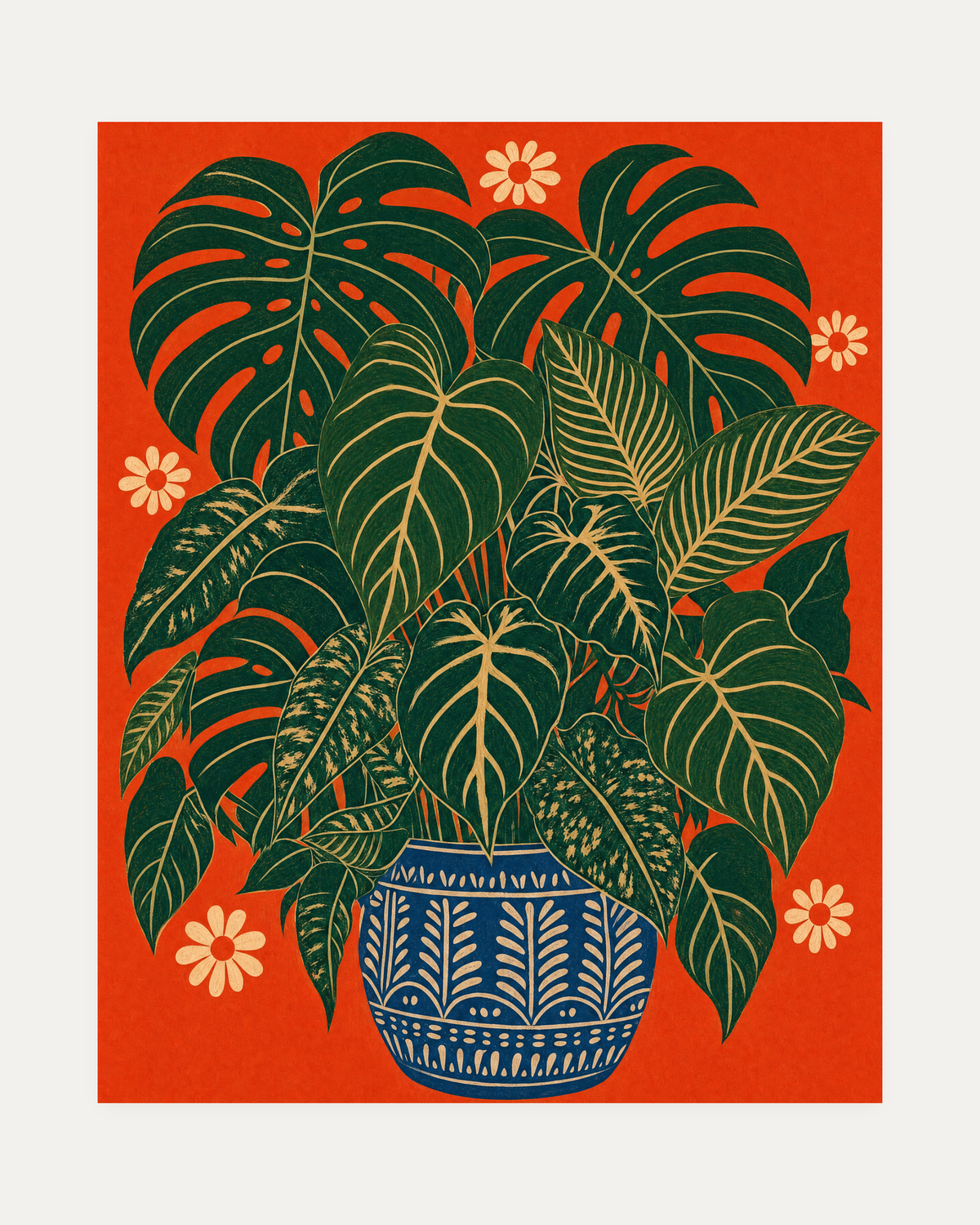 Potted Fans, blue pot leaf wall art, green fan leaves, orange-red field, patterned blue vessel