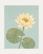 Lotus Pause single lotus wall art with cream bloom, two sage pads, and pale cyan pond panel in portrait format