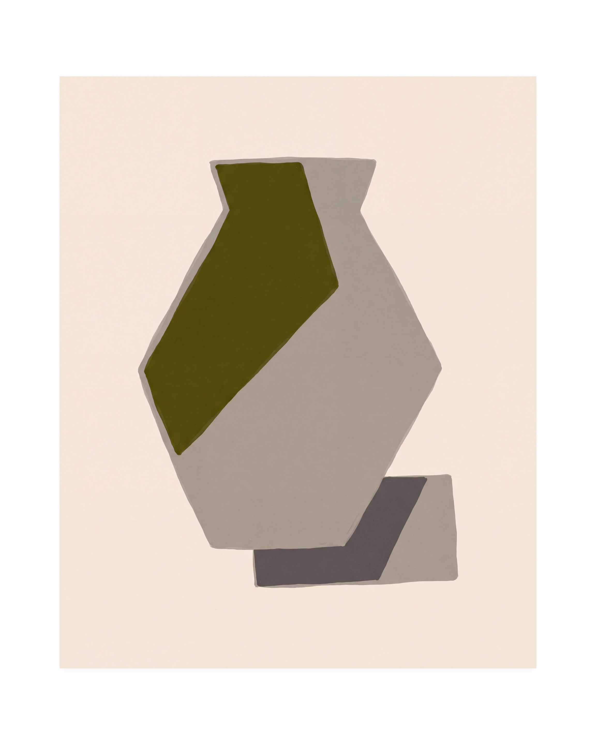 Olive Vessel unframed olive green geometric wall art print showing taupe vessel with olive facet on cream