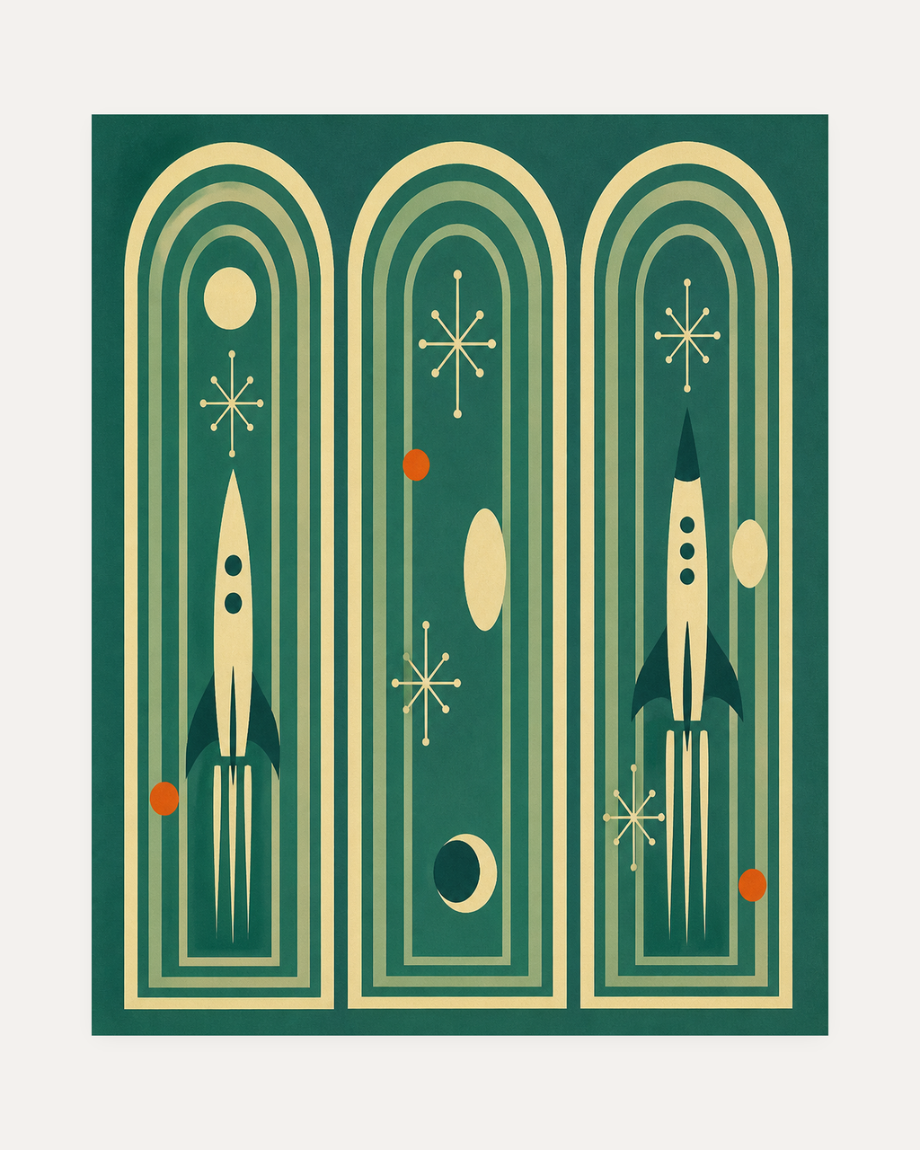 Three Launches unframed teal rocket arch print showing cream rockets inside teal arches