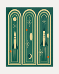 Three Launches unframed teal rocket arch print showing cream rockets inside teal arches