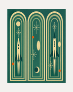 Three Launches unframed teal rocket arch print showing cream rockets inside teal arches