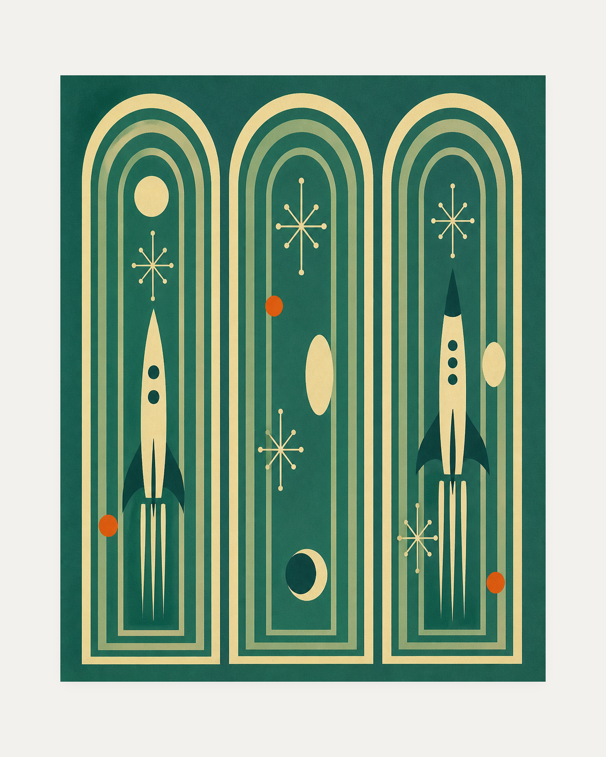Three Launches unframed teal rocket arch print showing cream rockets inside teal arches