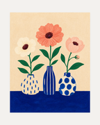 Table Blooms, cobalt table flower wall art, three slim vases, peach petals, green leaves on cream