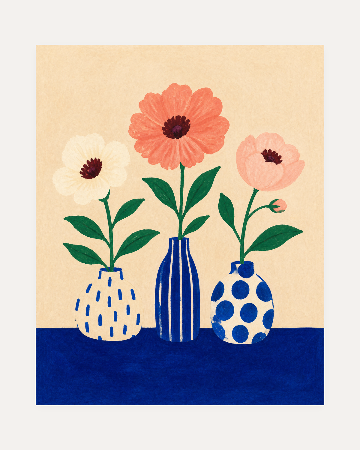 Table Blooms, cobalt table flower wall art, three slim vases, peach petals, green leaves on cream