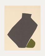 Olive Vessel unframed abstract vase print showing vase and stone in black, olive green, and beige