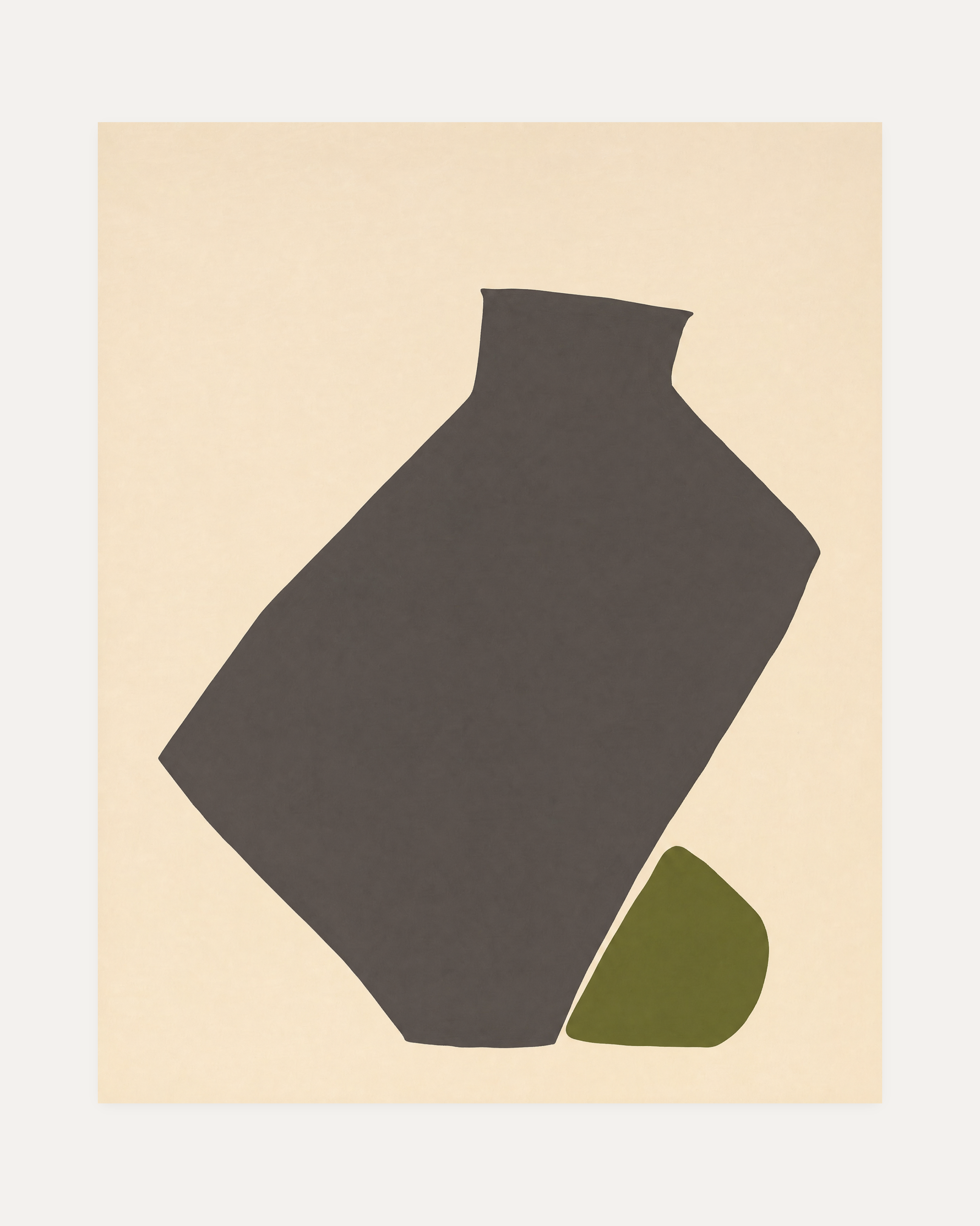 Olive Vessel unframed abstract vase print showing vase and stone in black, olive green, and beige