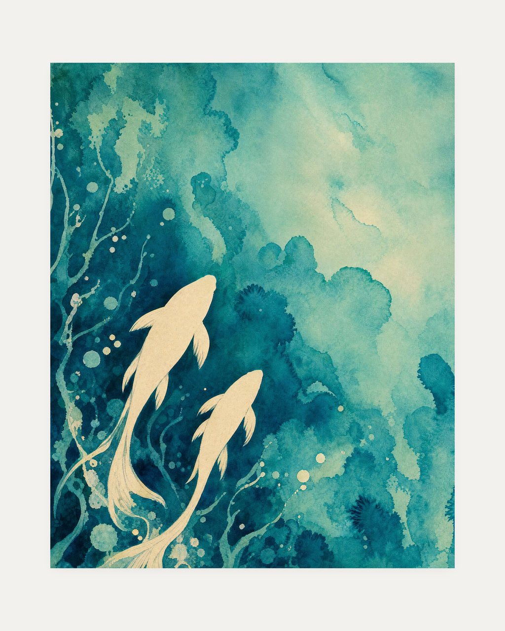 Two Koi Teal Wash unframed koi fish print showing cream koi, teal wash