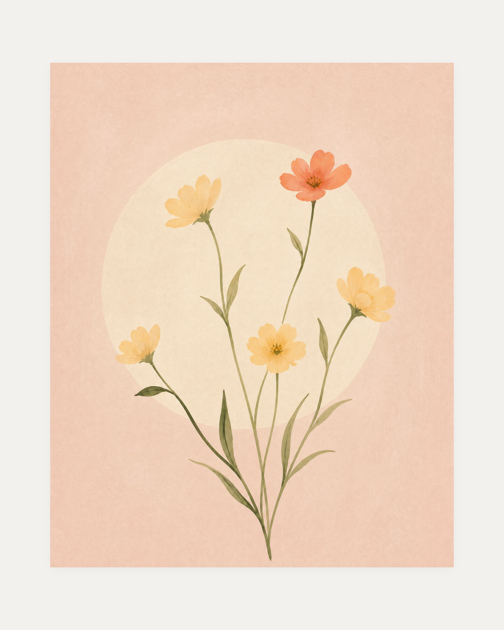 Wildflower Cluster, coral wildflower wall art, five thin stems with coral blooms, sage leaves, pale disc