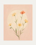 Wildflower Cluster, coral wildflower wall art, five thin stems with coral blooms, sage leaves, pale disc