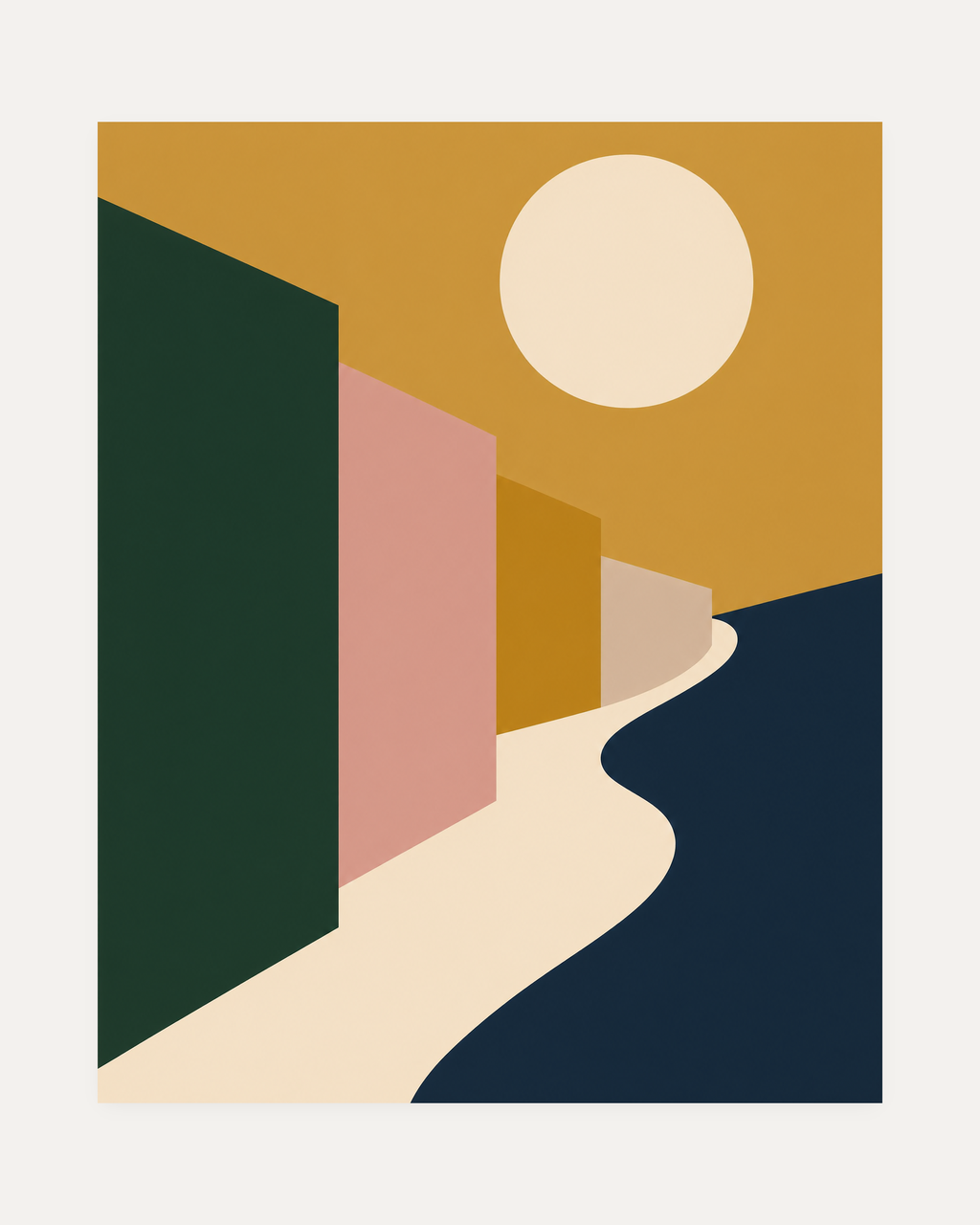 Late Sun mustard geometric landscape wall art with round cream sun, bending path, dark green and pink blocky planes