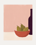 Red Vessel Cluster unframed pear still life wall art print showing pears, bowl, and bottle in green, orange, and dark purple