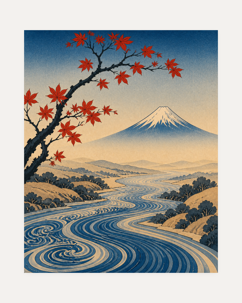 Mountain Hour unframed swirled river print showing a swirling blue river under a pale peak