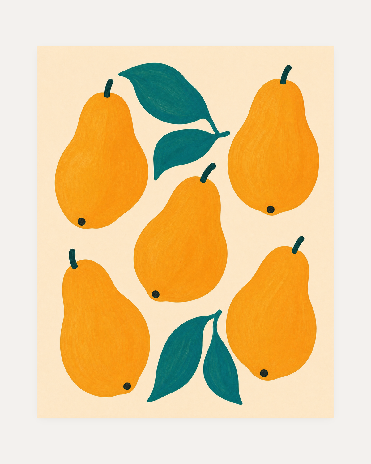 Five Pears, yellow pear wall art, five orange pears in a loose grid, teal leaf sprigs, cream field