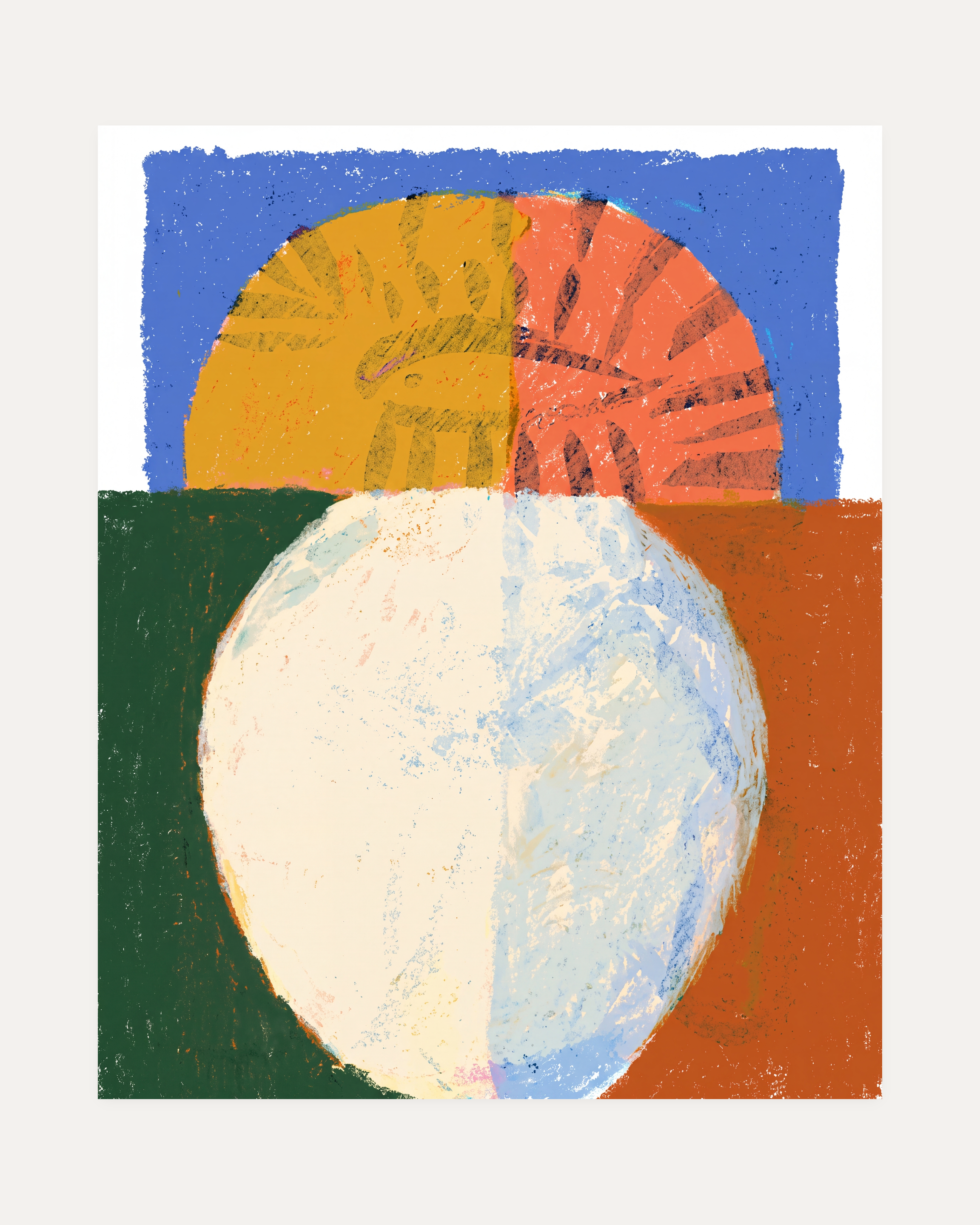 Split Horizon unframed blue geometric wall art print showing circle and semi-circle in blue, orange, and white
