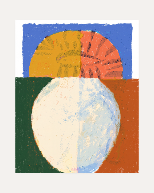 Split Horizon unframed blue geometric wall art print showing circle and semi-circle in blue, orange, and white