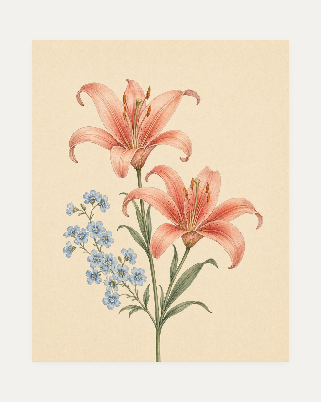 Blue Bloom Chaperone coral lily spray wall art, two coral lilies, one blue bloom, thin stems on cream field