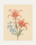 Blue Bloom Chaperone coral lily spray wall art, two coral lilies, one blue bloom, thin stems on cream field