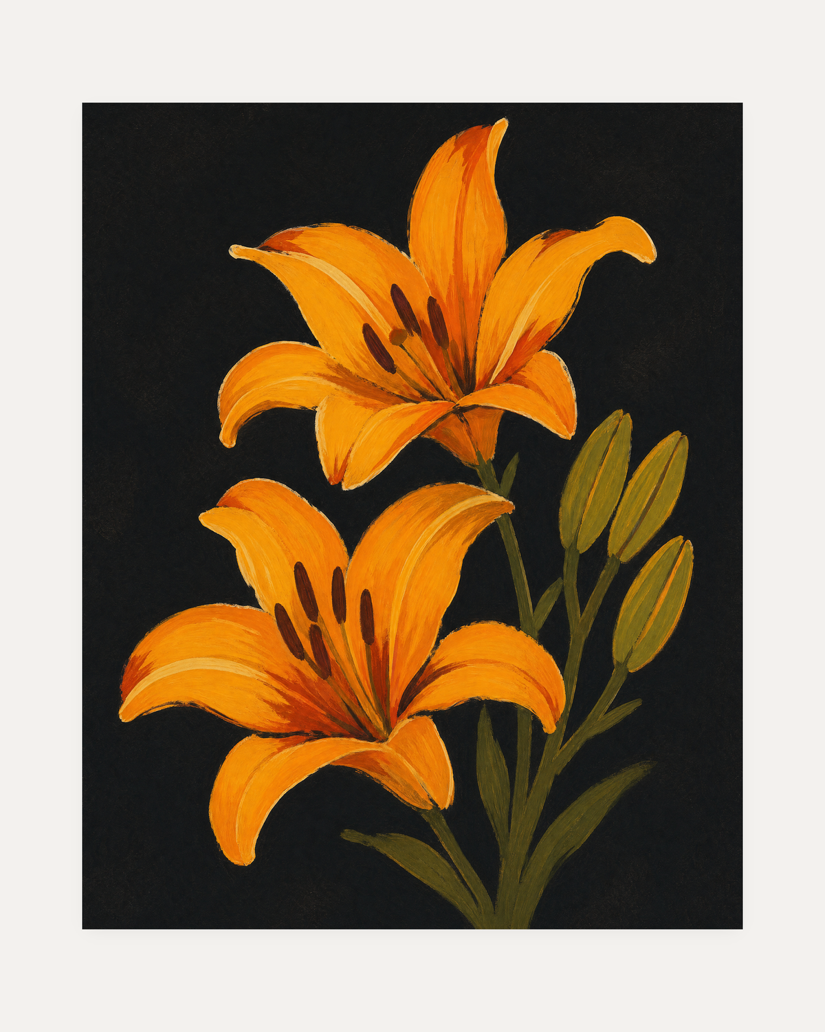 Night Lilies, orange lily wall art, two burnt orange blooms on black with olive buds and thin stems