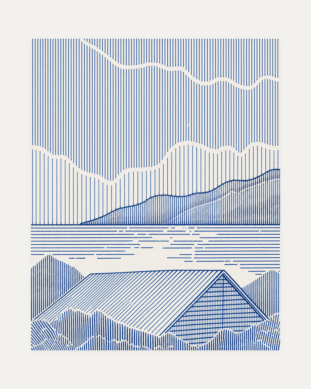 One Blue Roof One Hatch Sky blue landscape wall art, blue roof lines, water, mountains, and wavy clouds