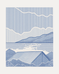 One Blue Roof One Hatch Sky blue landscape wall art, blue roof lines, water, mountains, and wavy clouds