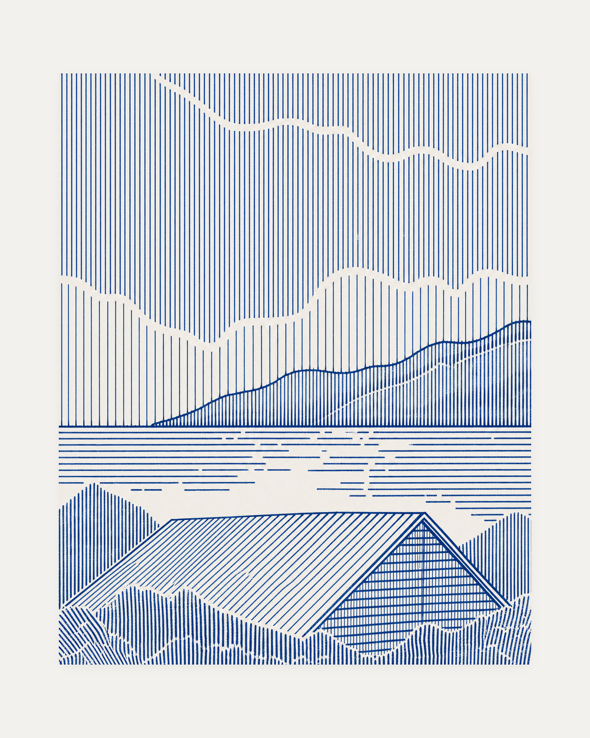 One Blue Roof One Hatch Sky blue landscape wall art, blue roof lines, water, mountains, and wavy clouds