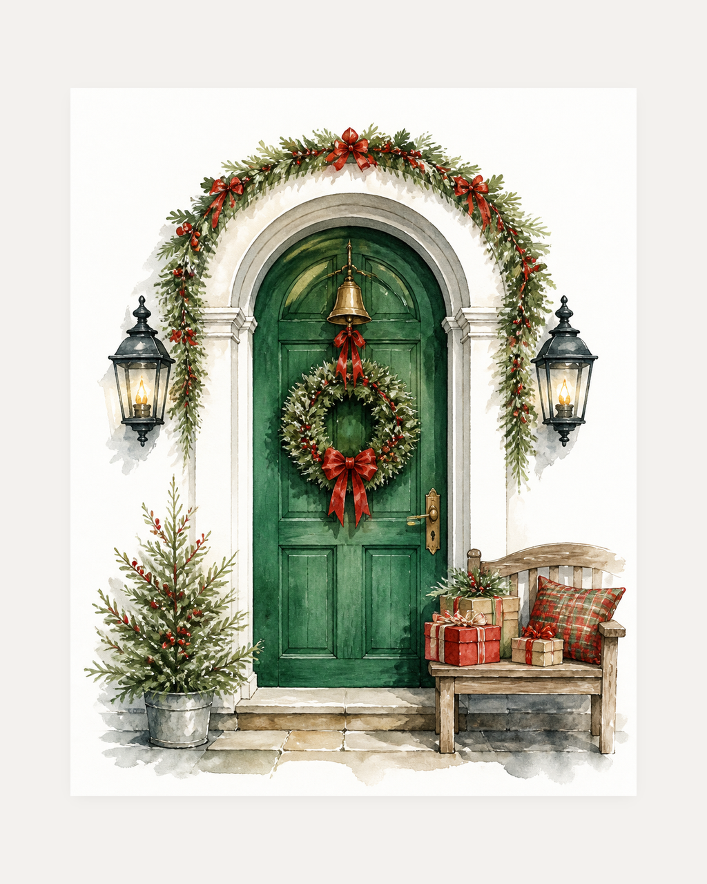 December Door unframed green door print showing a green door with a wreath