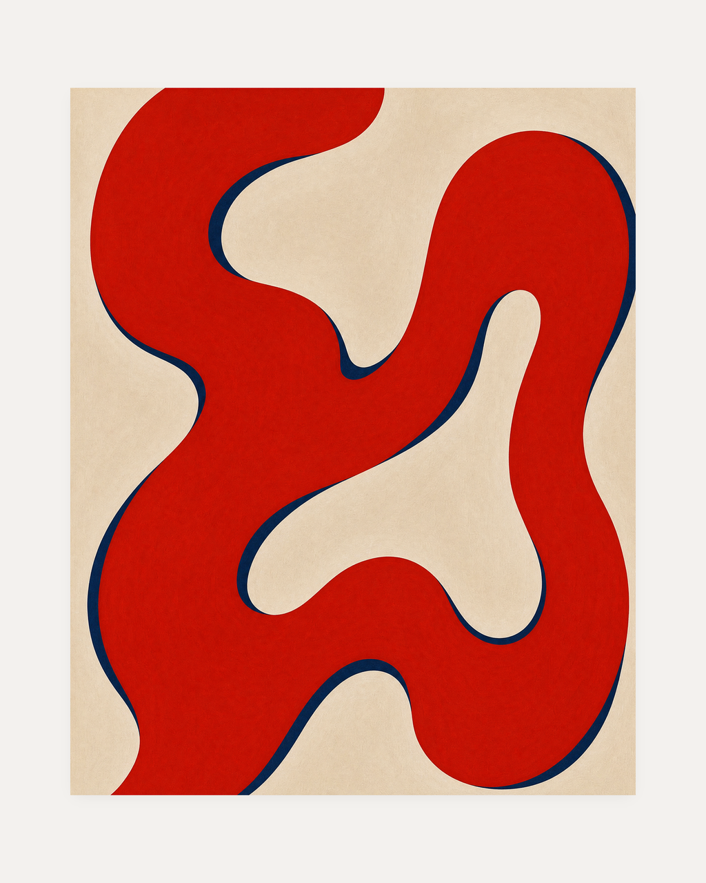 Ribbon Detour, red ribbon path wall art, two red ribbon paths on cream with navy edge shadow and open space