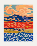 Ridge Weather peach swirl ridge wall art, peach cloud swirls, navy mountain, red band over patterned water