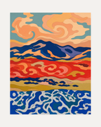 Ridge Weather peach swirl ridge wall art, peach cloud swirls, navy mountain, red band over patterned water
