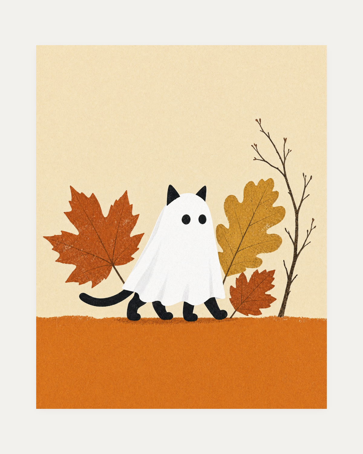 October Cat, ghost cat wall art, black cat under a white sheet, orange ground band, rust and mustard leaves