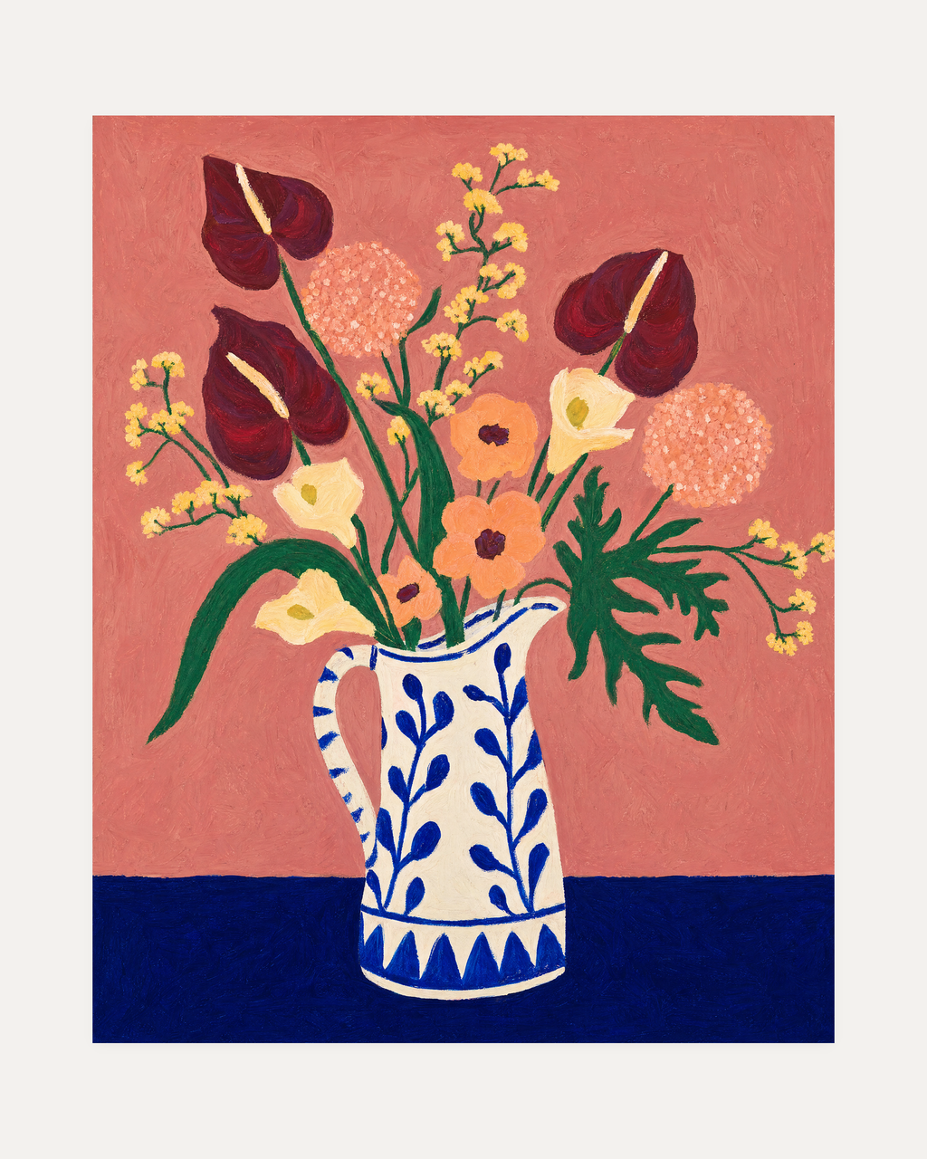 Pink Table Blooms unframed floral bouquet print showing flowers, leaves, and vase in pink, blue, and green