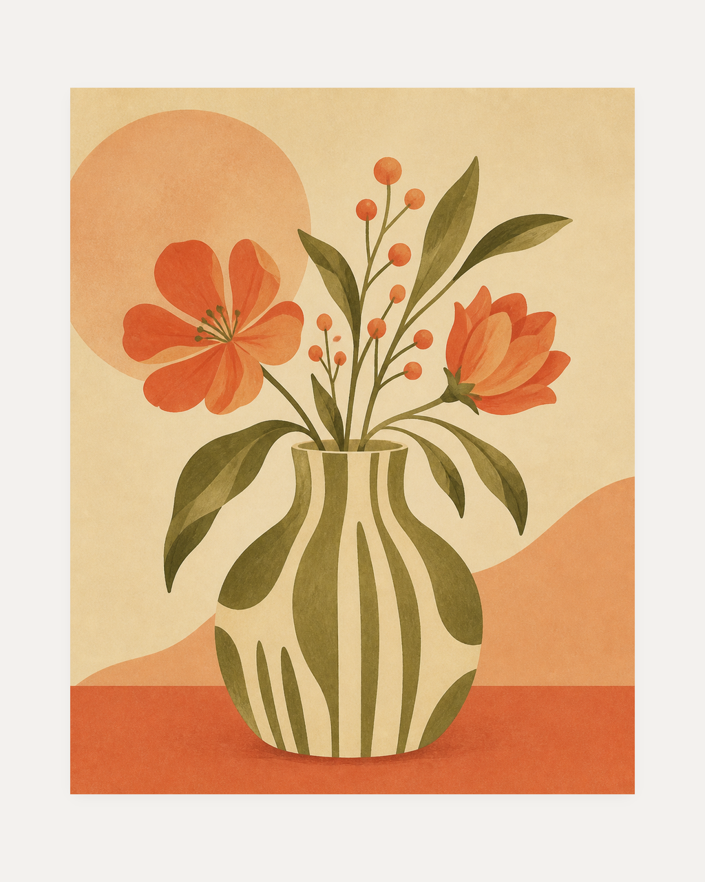 Table Bloom unframed vintage floral illustration print showing coral blooms in a striped olive vase
