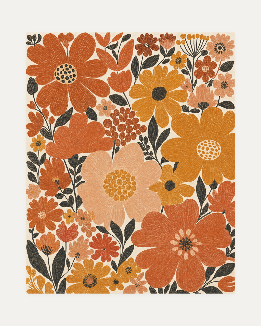 Late Blooms terracotta bloom wall art, three rounded flowers, rust leaf spray, cream paper