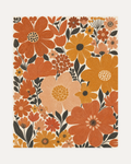 Late Blooms terracotta bloom wall art, three rounded flowers, rust leaf spray, cream paper