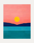 Evening Ridge unframed landscape wall art print showing a yellow sun over a navy ridge and teal water