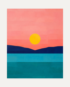 Evening Ridge unframed landscape wall art print showing a yellow sun over a navy ridge and teal water