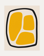 Looped Blocks, yellow block loop wall art, three yellow blocks inside a black loop on a cream field