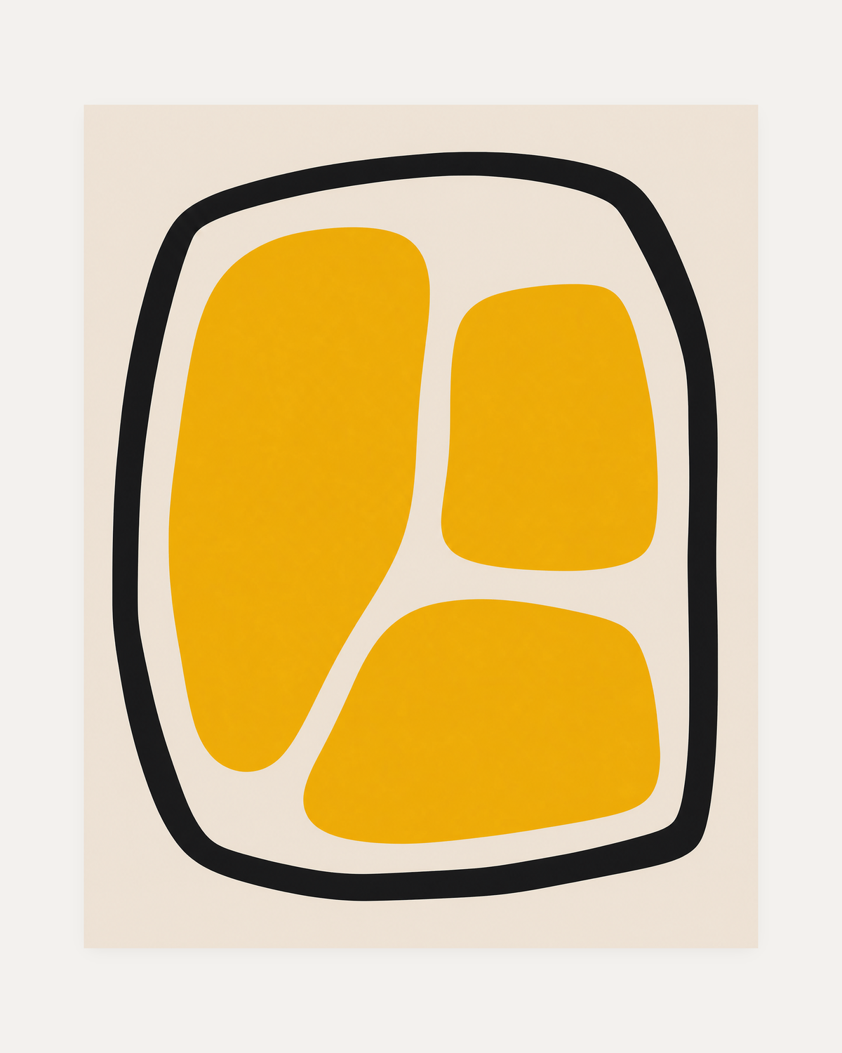 Looped Blocks, yellow block loop wall art, three yellow blocks inside a black loop on a cream field