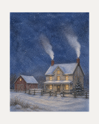 Dusk Smoke unframed chimney dusk print showing a snowy house with two smoking chimneys