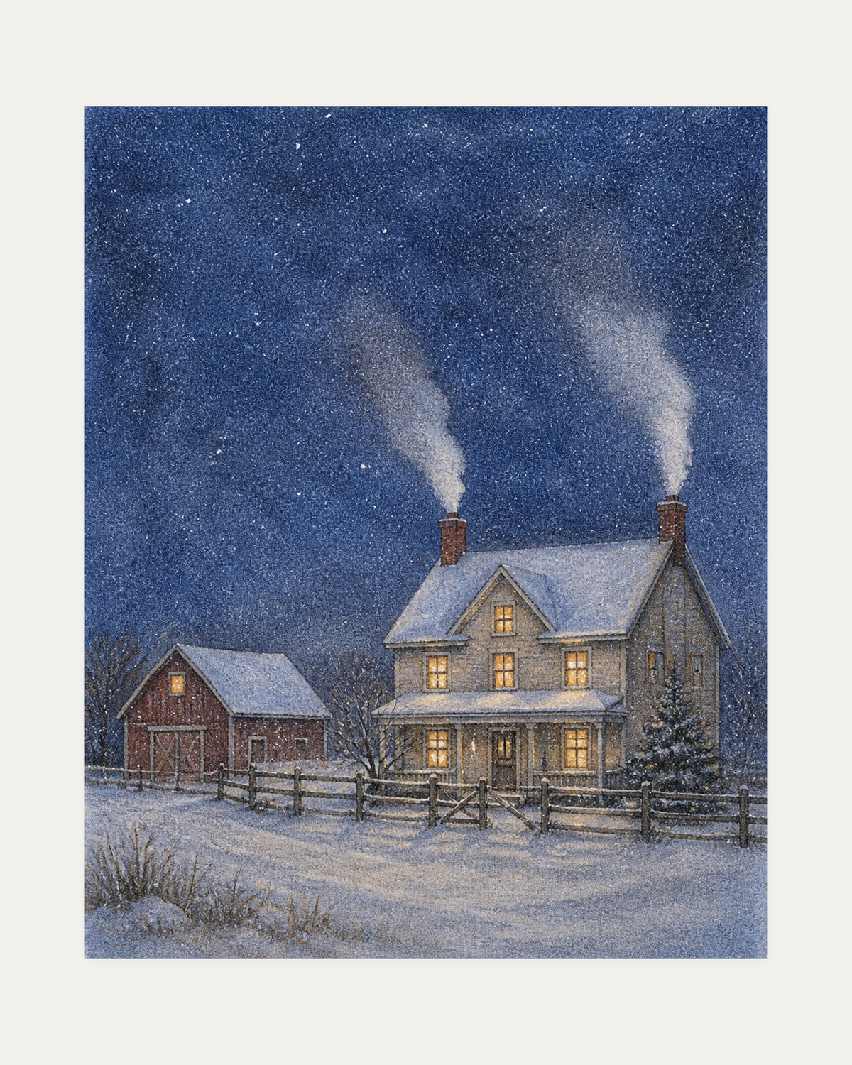 Dusk Smoke unframed chimney dusk print showing a snowy house with two smoking chimneys