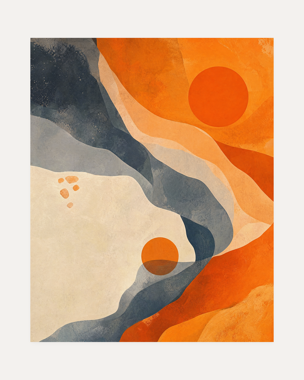 Orange Wave Circles unframed orange and grey abstract art print showing orange circles with charcoal watercolor ribbons on cream