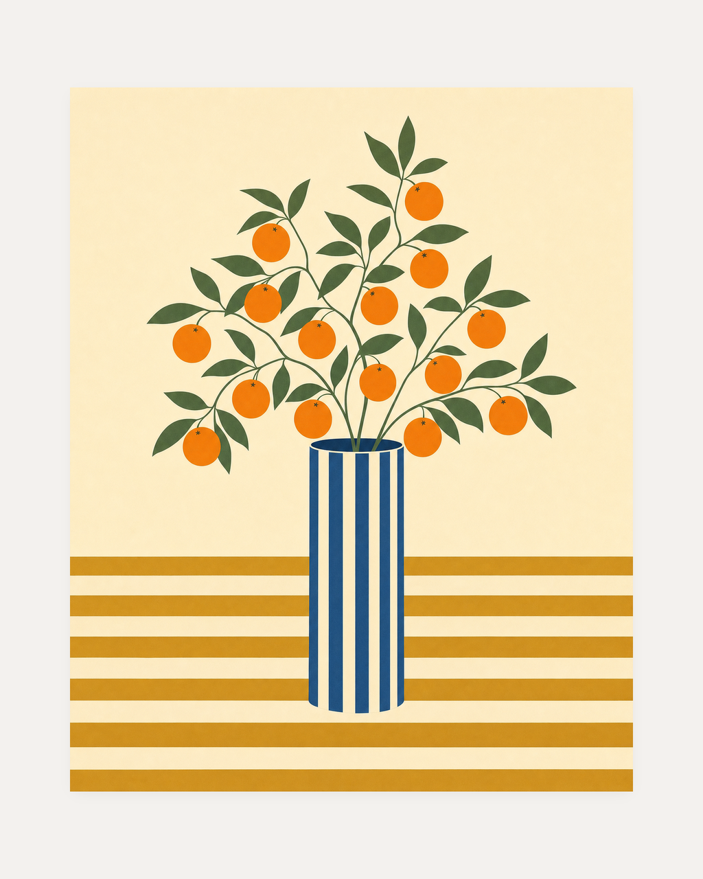 Morning Oranges unframed orange tree art print showing orange fruit and leaves in a blue striped vase