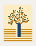 Morning Oranges unframed orange tree art print showing orange fruit and leaves in a blue striped vase